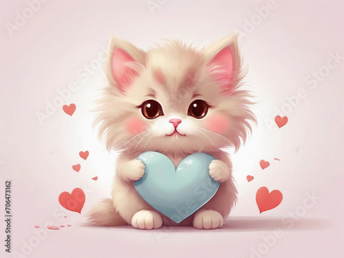 Cute fluffy kitty cat holding heart for Valentine's day. © triocean