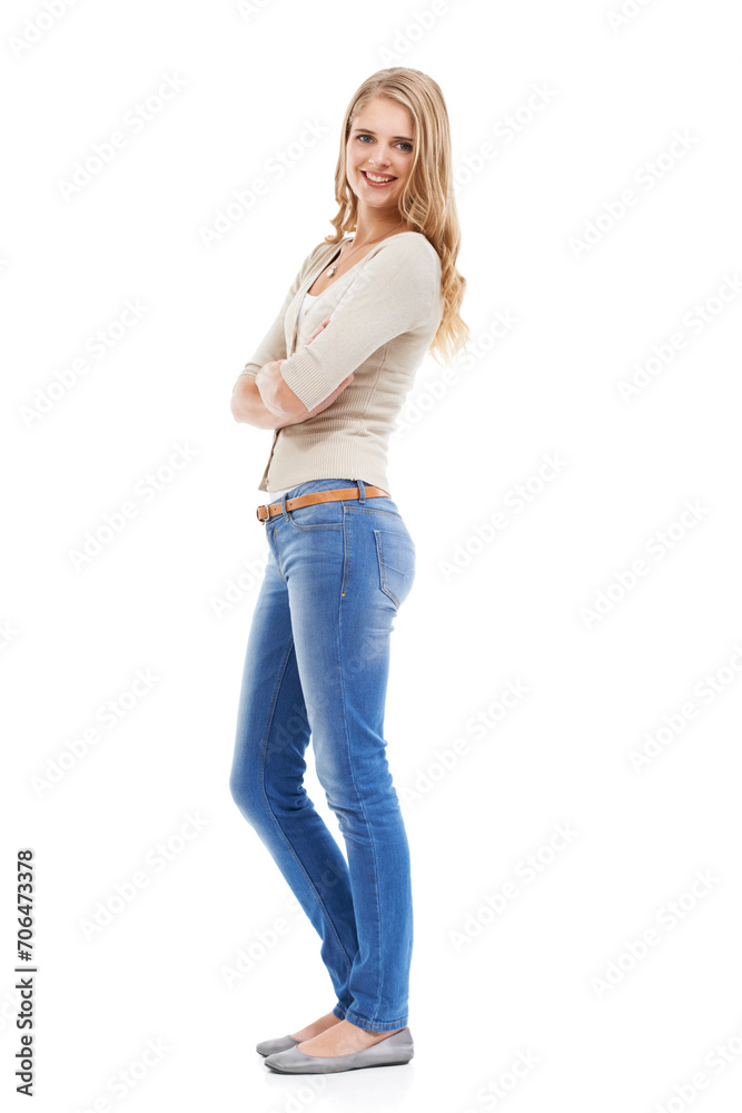 Woman, portrait and arms crossed with fashion in studio for empowerment, positive mindset or happy. Model, person and confident with casual outfit, trendy clothes or mock up space on white background Woman, portrait and arms crossed with fashion in studio for empowerment, positive mindset or happy. Model, person and confident with casual outfit, trendy clothes or mock up space on white background