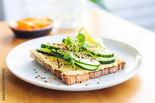 hummus spread on toast, topped with cucumber slices and sesame photo