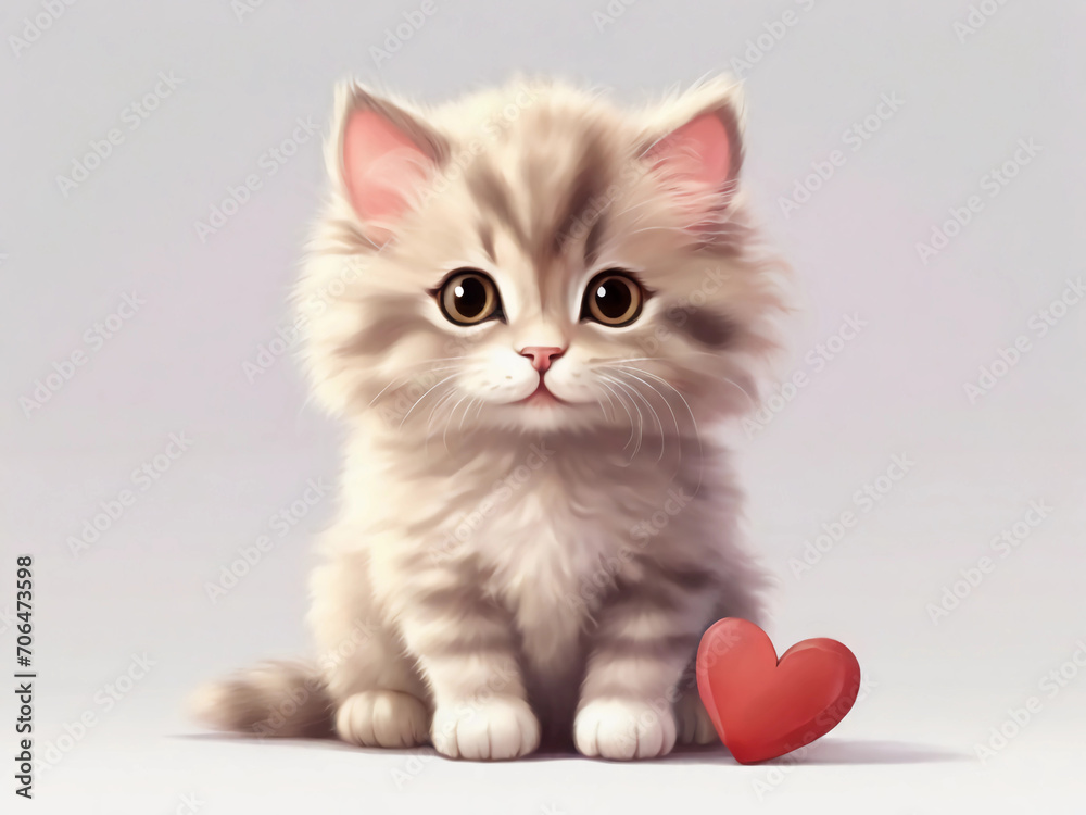 Cute fluffy kitty cat holding heart for Valentine's day.
