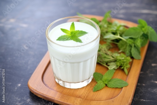 glass of kefir with mint leaves on a slate coaster