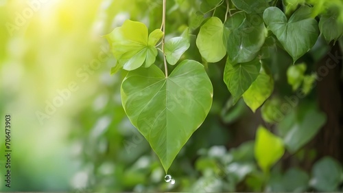 Heart shaped fresh green leaf on branch under summer sunlight  Concept of loving and waking up of nature.
