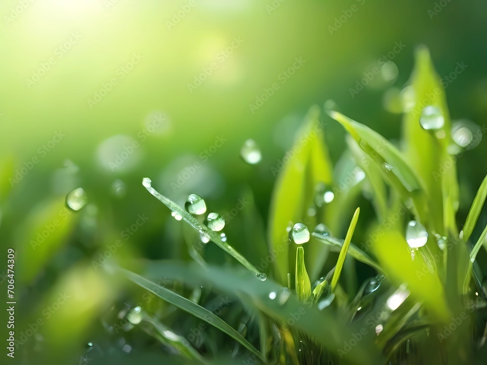 Fototapeta premium Fresh grass with dew drops, close up. Morning sunlight, spring concept