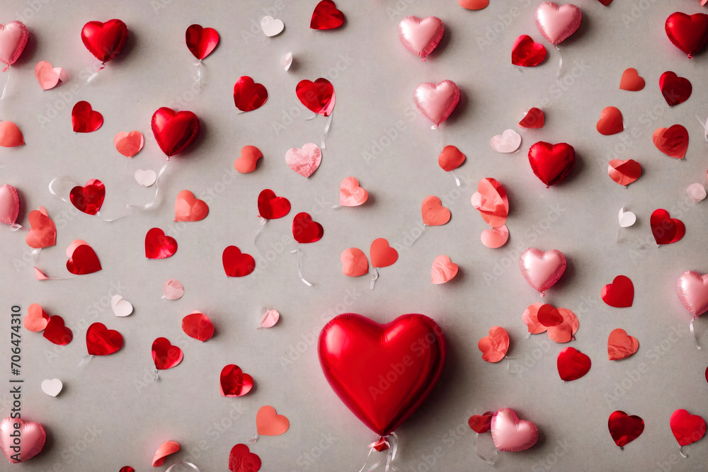 Balloons and confetti in the shape of a heart. View from above. Beautiful cute hearts in red and pink shades. The concept of a Valentine's Day greeting card. Red balloon with helium