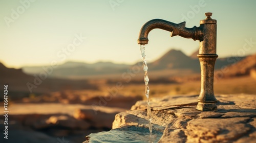 Close up the old faucet releases water, bokeh desert background