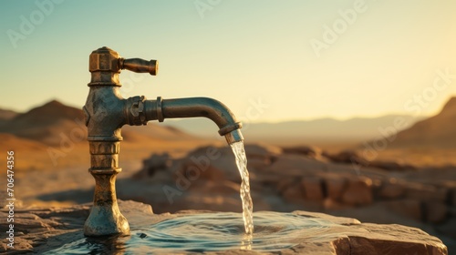 Close up the old faucet releases water, bokeh desert background