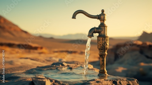 Close up the old faucet releases water, bokeh desert background