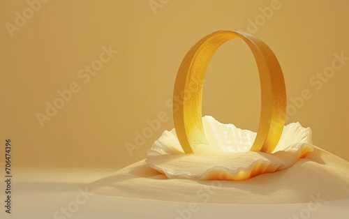 A letter A-Z  isometric design, dreamy gold tone, sun lights , Shell and sand  covered, Abbreviation letter A-Z. photo