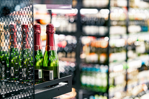 Sparkling wine on liquor store shelf. Champagne bottle on display in alcohol shop. Beverage section of supermarket. Cheap discount or expensive price. Prosecco for celebration. Italian or French drink photo