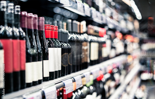 Liquor store, alcohol shop. Red wine on shelf. Focus on bottles, supermarket aisle in background. Alcoholic drink sale and selection in grocery market. Pinot noir, merlot or sauvignon cabernet.