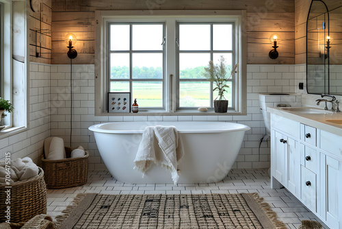 Modern Rustic Bathroom with Wood Floors and White Tub