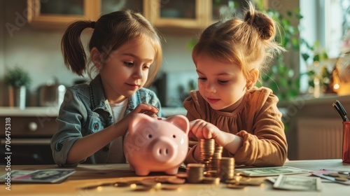 Little kids putting coins into piggy bank at home