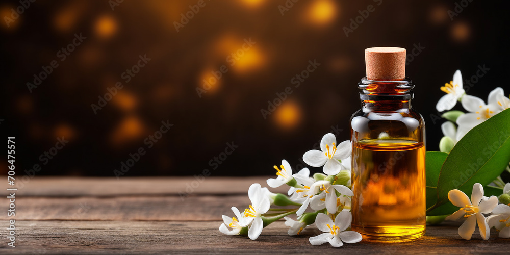 Neroli essential oil with flowers on wooden background Neroli essential oil with flowers on wooden background