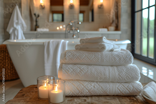 Relaxing Bath with Stacked Towels and Candle