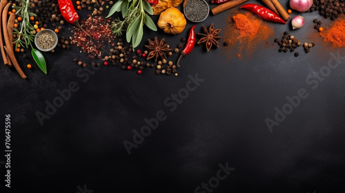 Various herbs and spices on black stone plate, art composition