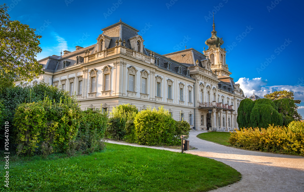  view of The Festetics Palace, Baroque palace located in the Keszthely, Zala, Hungary.