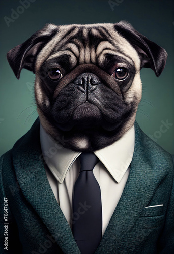 Portrait of a dog Pug dressed in a formal business suit, Generative AI