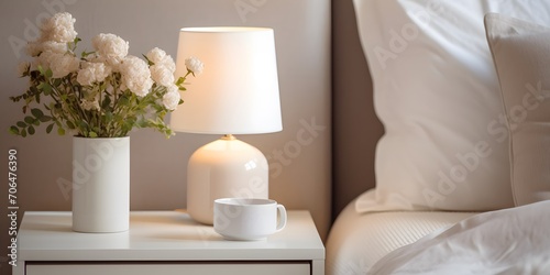 Lamp and flowers on the nightstand in the bedroom. Home interior in Scandinavian style. #706476390
