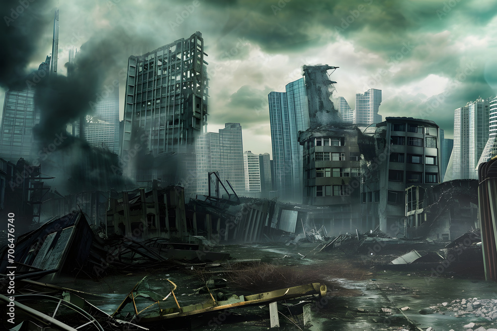 Stadt des Verfalls: Eine düstere Szene zeigt eine komplett zerstörte Stadt in Trümmern, Zeugnis von Urbanität und Zivilisationsverlust in postapokalyptischer Atmosphäre