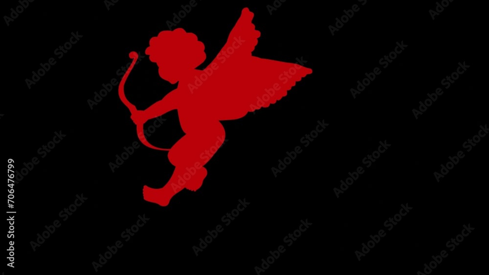 2D Animated character Red Cupid Shoots an Arrow. Cupid Shooting Heart Arrows,  Little baby angel with bow and arrow. Valentines day 2d animation With alpha matte.
