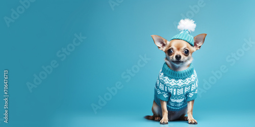 Little girl and dog wearing a Christmas sweater on a blue background. photo