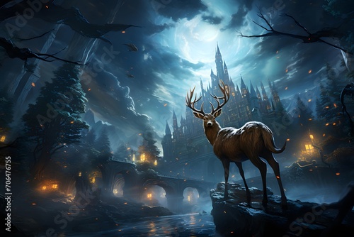 Illustration of a deer in the forest at night, 3d render © A
