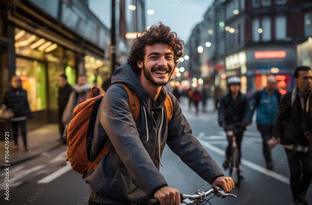 Smiling man enjoys bicycle ride in the city, commuter lifestyle photo Smiling man enjoys bicycle ride in the city, commuter lifestyle photo