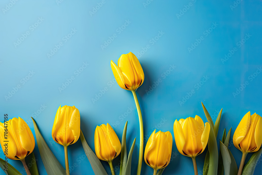 Obraz premium Yellow tulips on blue background with space for text