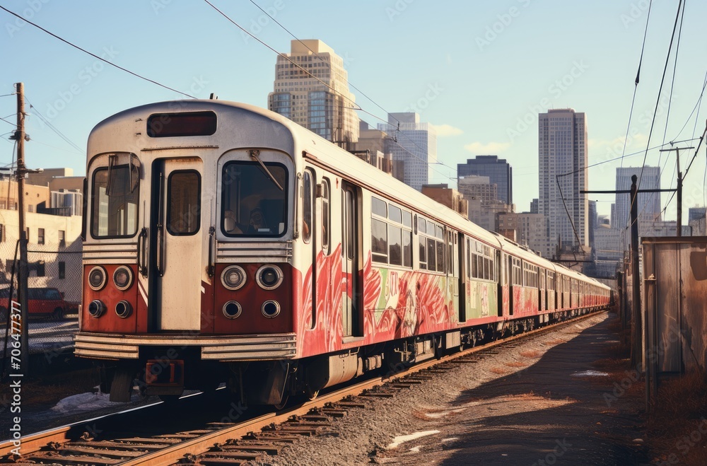 Subway train surrounded by tall buildings, commuter lifestyle photo