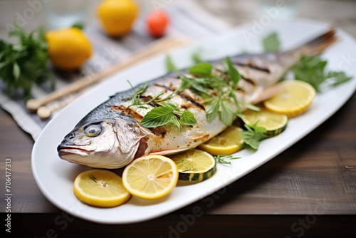 whole grilled sea bass with lemon slices and herbs