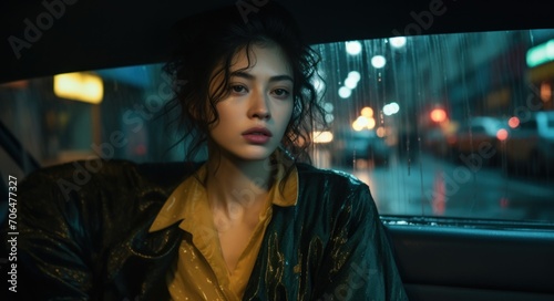 Beautiful woman sitting in car on rainy night, city commute photo