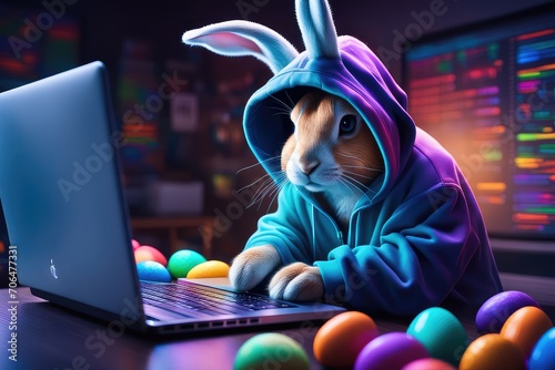 The Easter Bunny is a programmer. The Easter bunny is working at the computer. The Hacker Rabbit