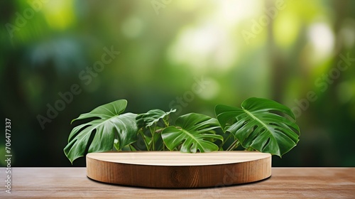 Serene Wood Podium Table Outdoors with Lush Green Monstera Leaves  Perfect for Natural Design Concepts and Summery Mockups in Garden Settings.