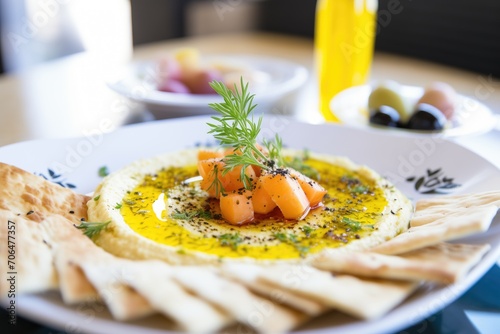 close-up of hummus drizzled with olive oil and chickpeas