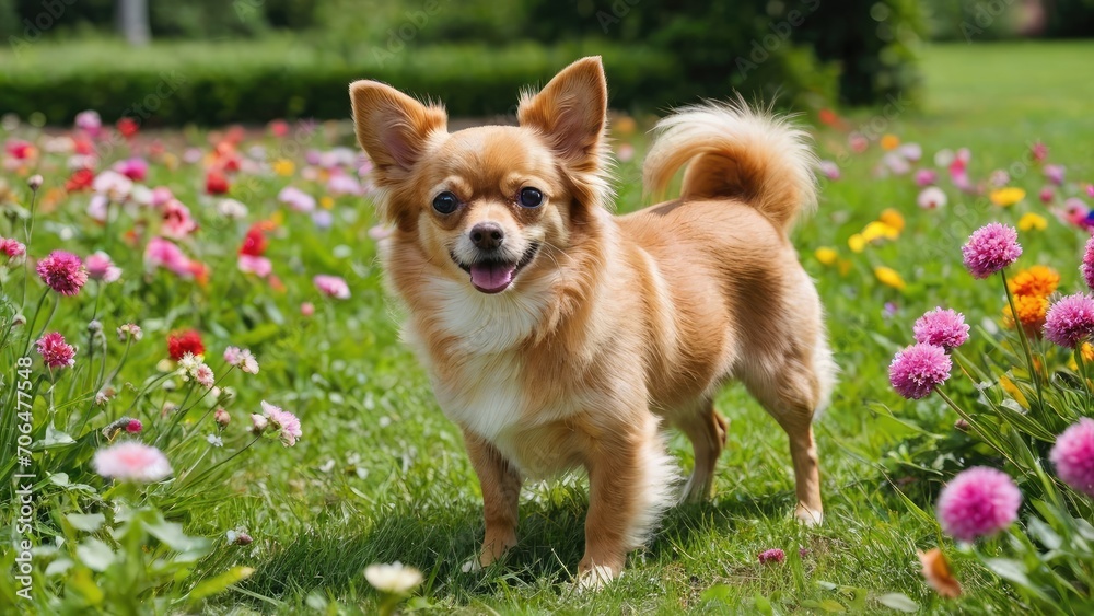 Red chihuahua dog in flower field Red chihuahua dog in flower field