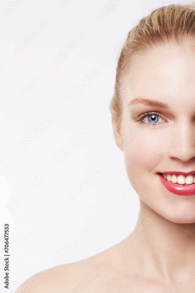 Portrait, skincare and happy woman in red lipstick, makeup and cosmetics in studio isolated on a white background. Face, model and beauty in spa facial treatment for wellness, healthy glow and mockup Portrait, skincare and happy woman in red lipstick, makeup and cosmetics in studio isolated on a white background. Face, model and beauty in spa facial treatment for wellness, healthy glow and mockup