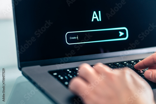 AI prompt chat bot. Search website to generate data, text or image. Man using computer with artificial intelligence app. Virtual assistant in digital creative work. Content generator technology.