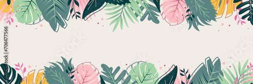 Abstract background banner made of botanical tropical palm leaves branches in the jungle in green and pink color tones. Design for banner poster decoration. Flat style. Vector illustration. photo