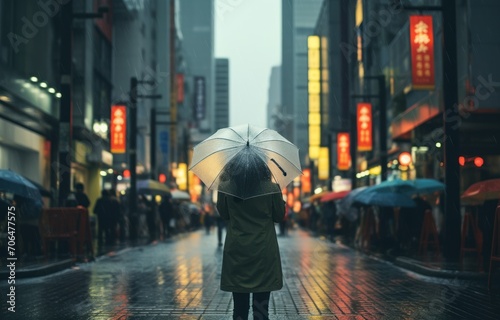 Woman holding umbrella on city street during rain, city commute photo