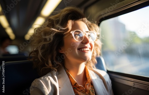 Female businesswoman wearing glasses on train, urban transportation image © Aamir