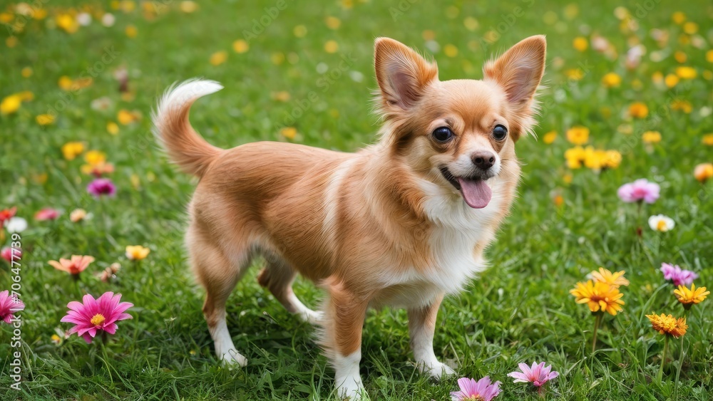 Red chihuahua dog in flower field