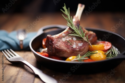 roasted lamb shank with rosemary on a cast iron dish