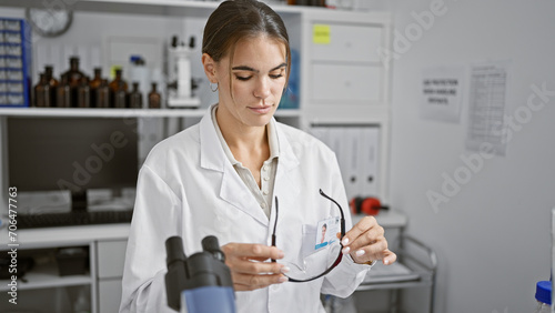 In the heart of the lab  a young  beautiful hispanic woman scientist  her face etched with serious concentration  holds security glasses while navigating complex chemistry.