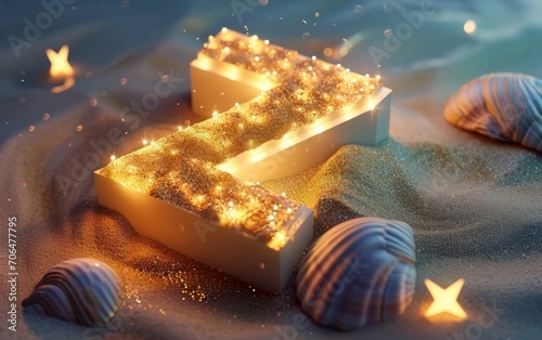 A letter A-Z  isometric design, dreamy gold tone, sun lights , Shell and sand  covered, Abbreviation letter A-Z. photo