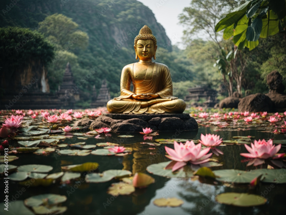 buddha statue in pond surrounded by lotus. Generative AI