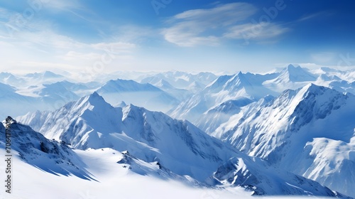 Panoramic view of snowy mountains and blue sky with white clouds © A