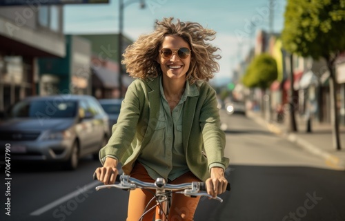 Woman happily rides bicycle on street, commuter lifestyle photo