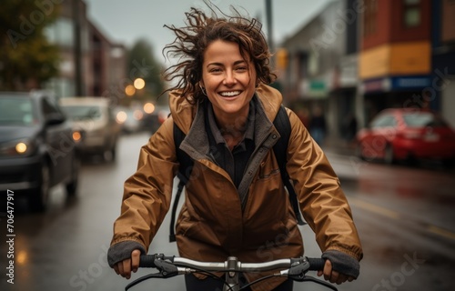 A woman enjoys cycling on the road, urban transportation image photo