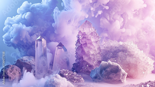 
Set of crystals and geodes with pastel lilac smoke