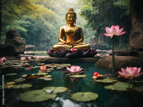 buddha statue in pond surrounded by lotus. Generative AI
